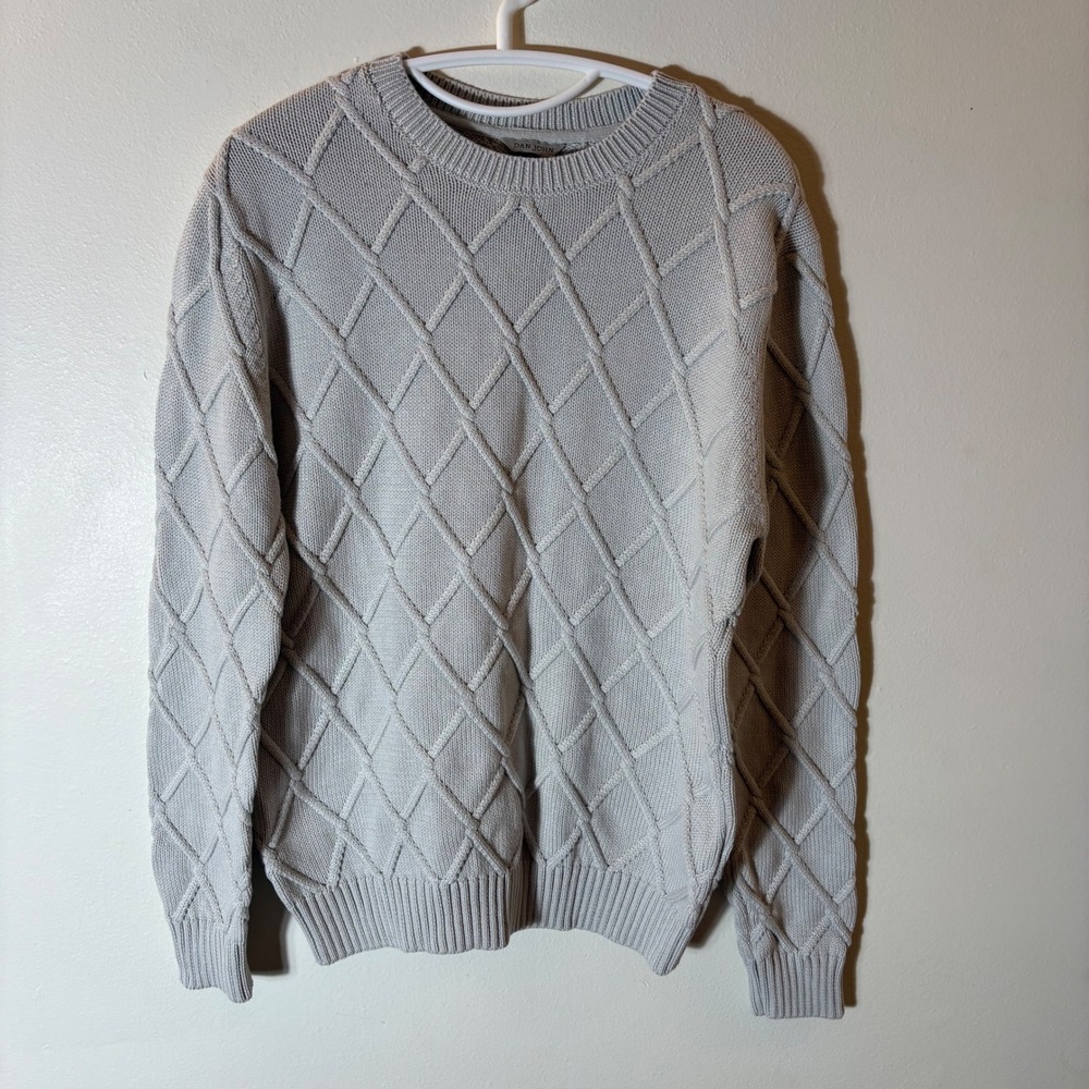 Dan John Cream Diamond Pattern Knit Sweater Long Sleeve Crew Neck Size Medium